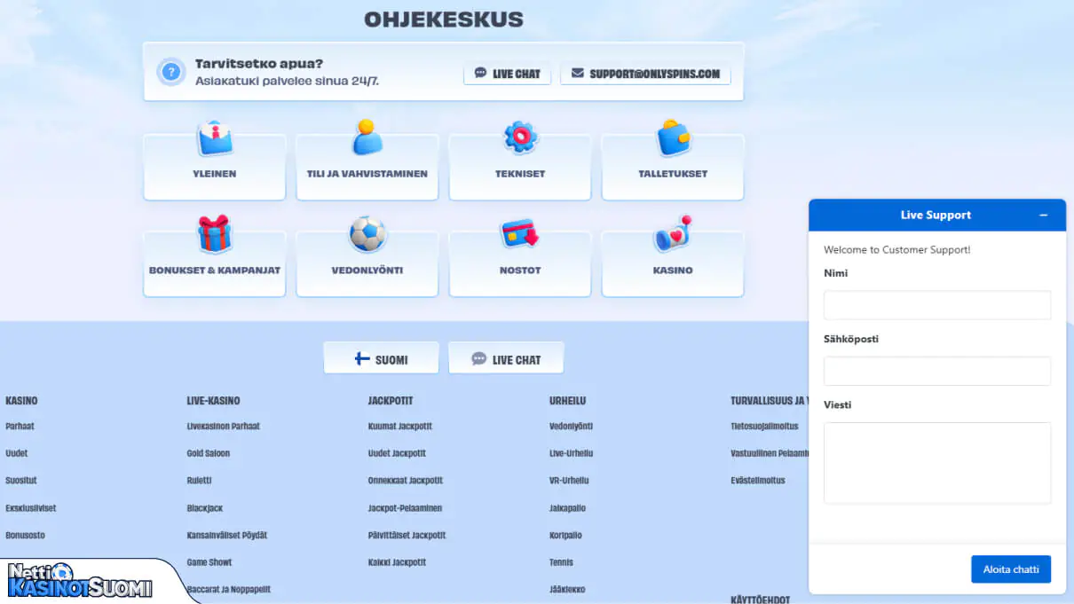 OnlySpins Kasino asiakastuki
